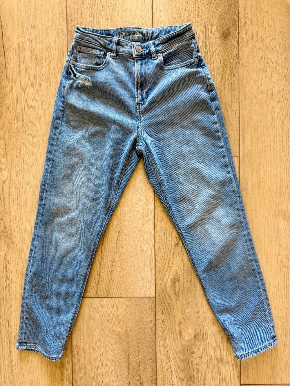 American Eagle Stretch Mom Jeans, Size 2, Distressed High Rise Light Wash Denim